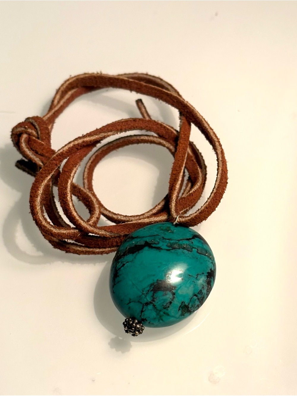 vintage brown leather corded tibetan chunky turquoise nugget pendant